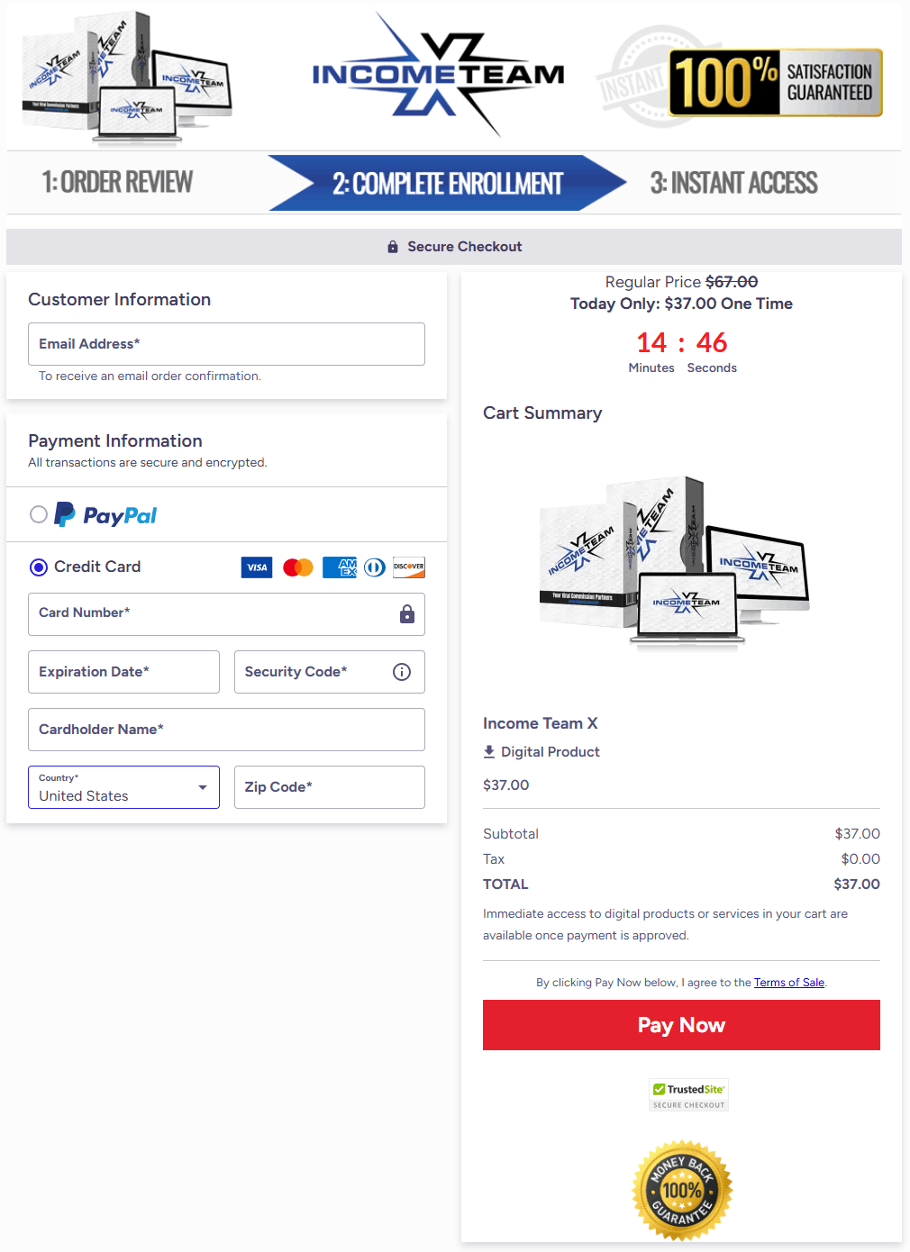 IncomeTeamX checkout page 